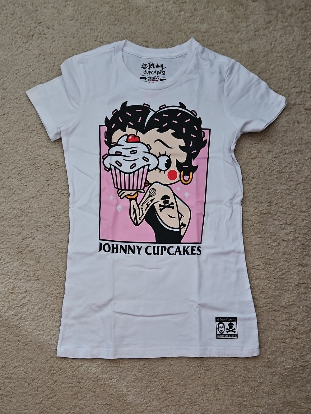 Johnny Cupcakes White Tee with Pink Panel and Black Graphic